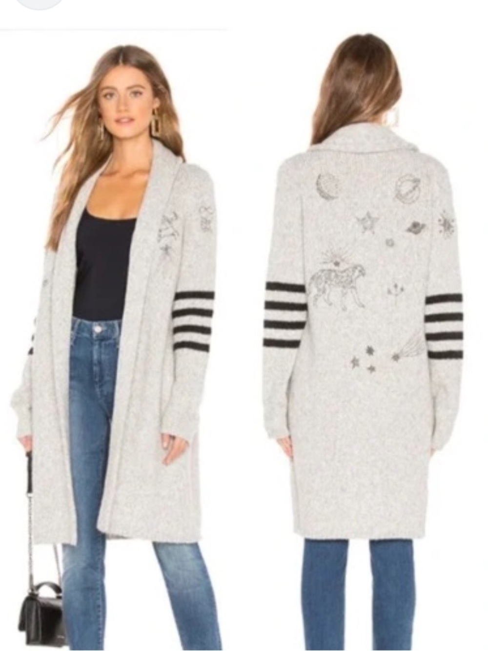 Mother Gray Open-Front Long Women's Alpaca blend Sweater Cardigan embroidered OS
